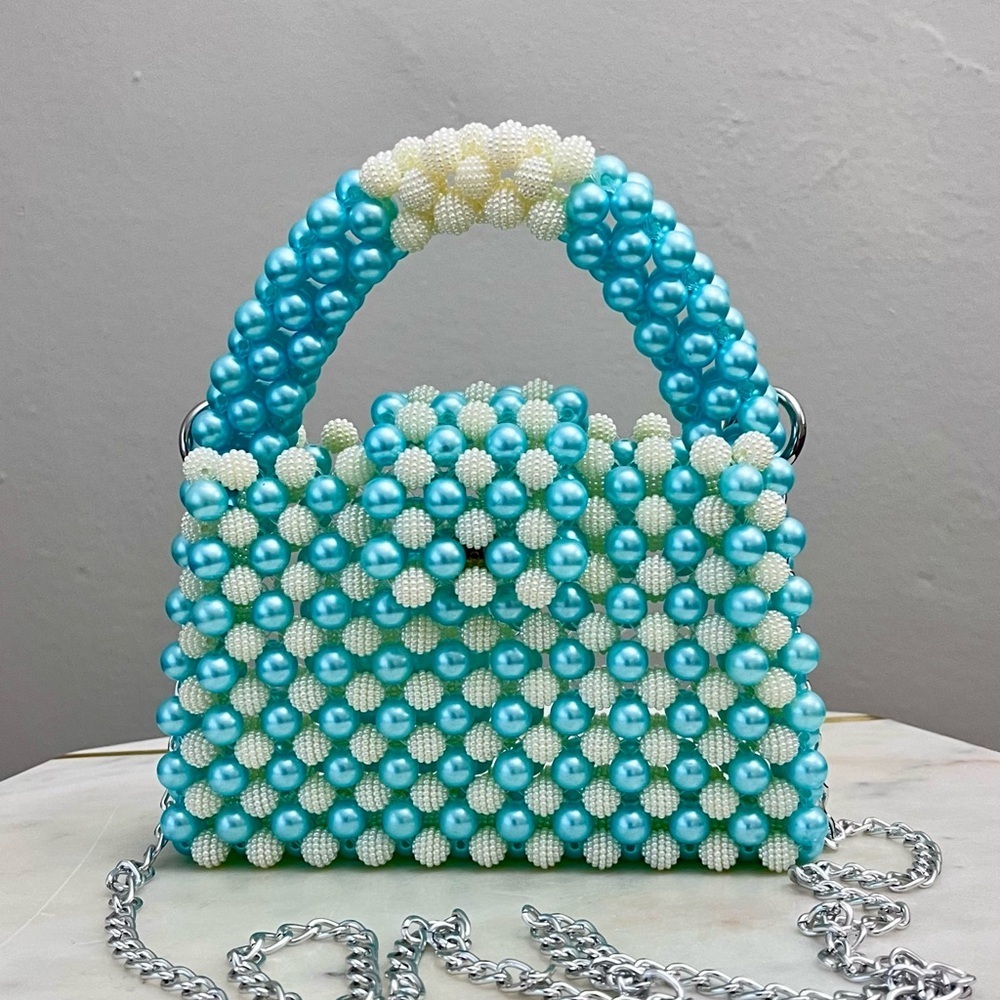 Elegant Beaded Handbag - Blue and White